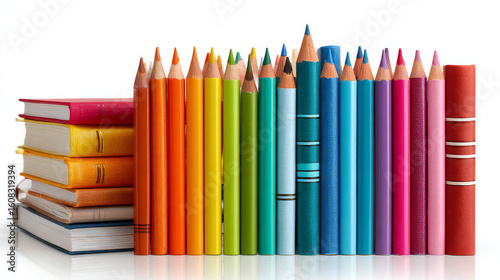  Multi coloured school books and pencils isolated on white background
