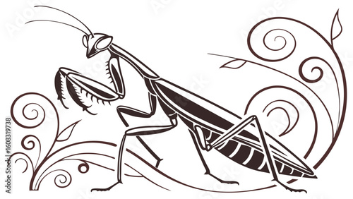 Elegant Praying Mantis Illustration with Decorative Swirls and Leaves in Black and White Line Art Style