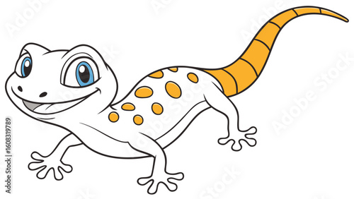 Friendly Cartoon Gecko Character Smiling, White Lizard with Orange Spots and Striped Tail. Cute Reptile Mascot Vector Illustration.