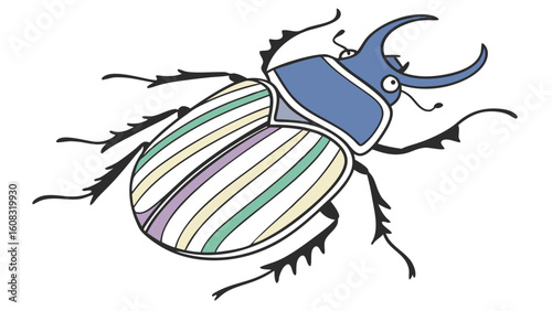 Vibrant Striped Rhinoceros Beetle Vector Illustration. Stylized Insect Art with Pastel Colors and Blue Head on White Background.
