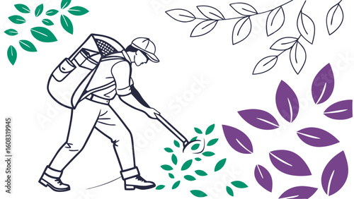 Outdoor Planting & Gardening: Line Art Illustration of Person Tending Green Plants for Nature Conservation and Agriculture