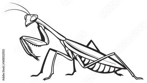 Praying Mantis Line Art Drawing. Black and White Insect Illustration. Wildlife Vector Art for Nature, Education, and Graphic Design.