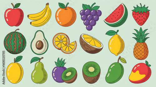 Colorful and fresh fruits cartoon illustration healthy eating and delicious treats featuring apple banana orange grape watermelon strawberry and more tropical delights