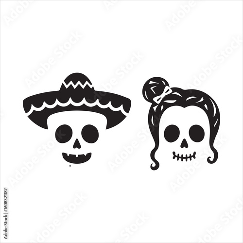 Traditional Skull Characters with Sombrero and Hair Bun,Simple Black and White Dia de los Muertos Skull Design,Male and Female Sugar Skull Icons in Mexican Style,Flat Vector Skull Couple for Cultural 