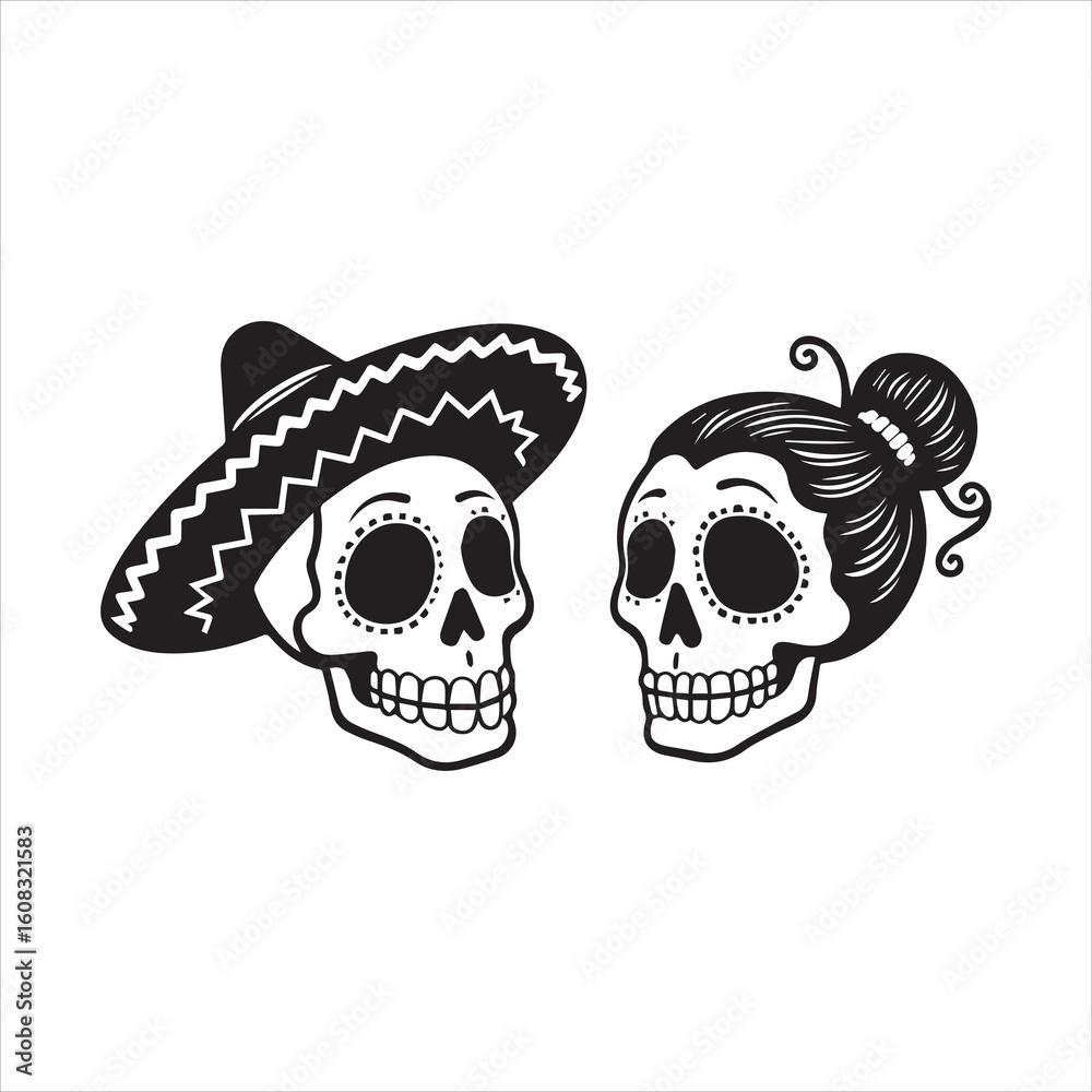 Fototapeta premium Traditional Skull Characters with Sombrero and Hair Bun,Simple Black and White Dia de los Muertos Skull Design,Male and Female Sugar Skull Icons in Mexican Style,Flat Vector Skull Couple for Cultural 