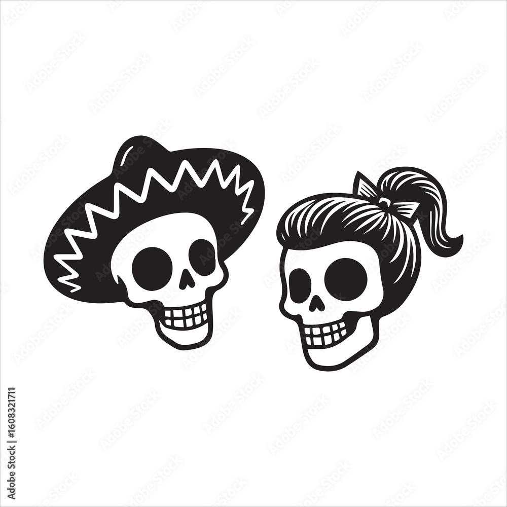 Obraz premium Traditional Skull Characters with Sombrero and Hair Bun,Simple Black and White Dia de los Muertos Skull Design,Male and Female Sugar Skull Icons in Mexican Style,Flat Vector Skull Couple for Cultural 