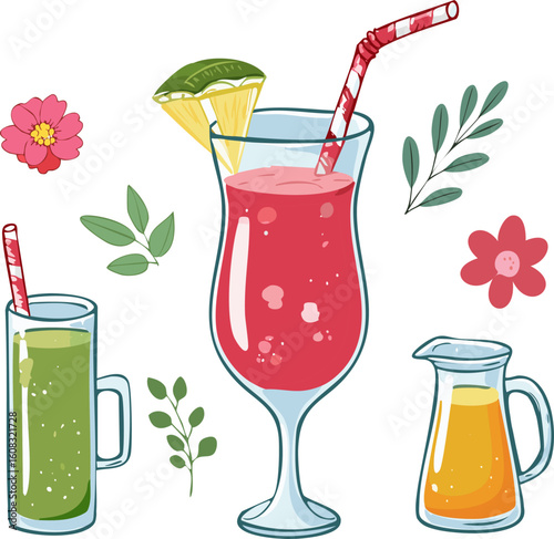 A vibrant illustration featuring three refreshing beverages with a touch of nature, each perfectly crafted to quench the thirst and elevate the senses.