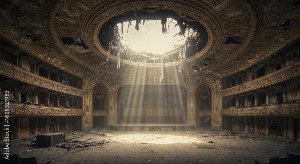 Obraz premium A sunlit interior of a dilapidated theatre