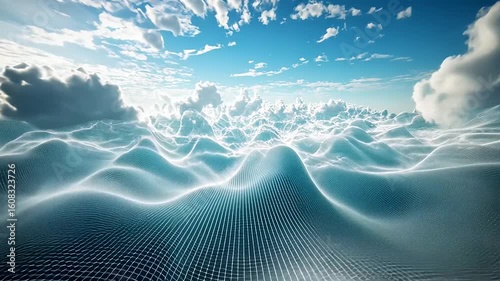 Digital ocean waves under a bright sky with clouds, creating a serene and futuristic landscape