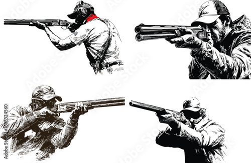Hunters aiming shotguns in black and white art eps