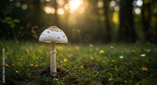 Single mushroom in grassy field backlit by warm sunlight Forest background bokeh