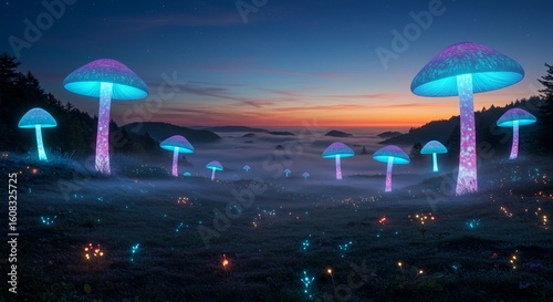 Glowing mushrooms illuminate a misty field at sunset fantasy landscape