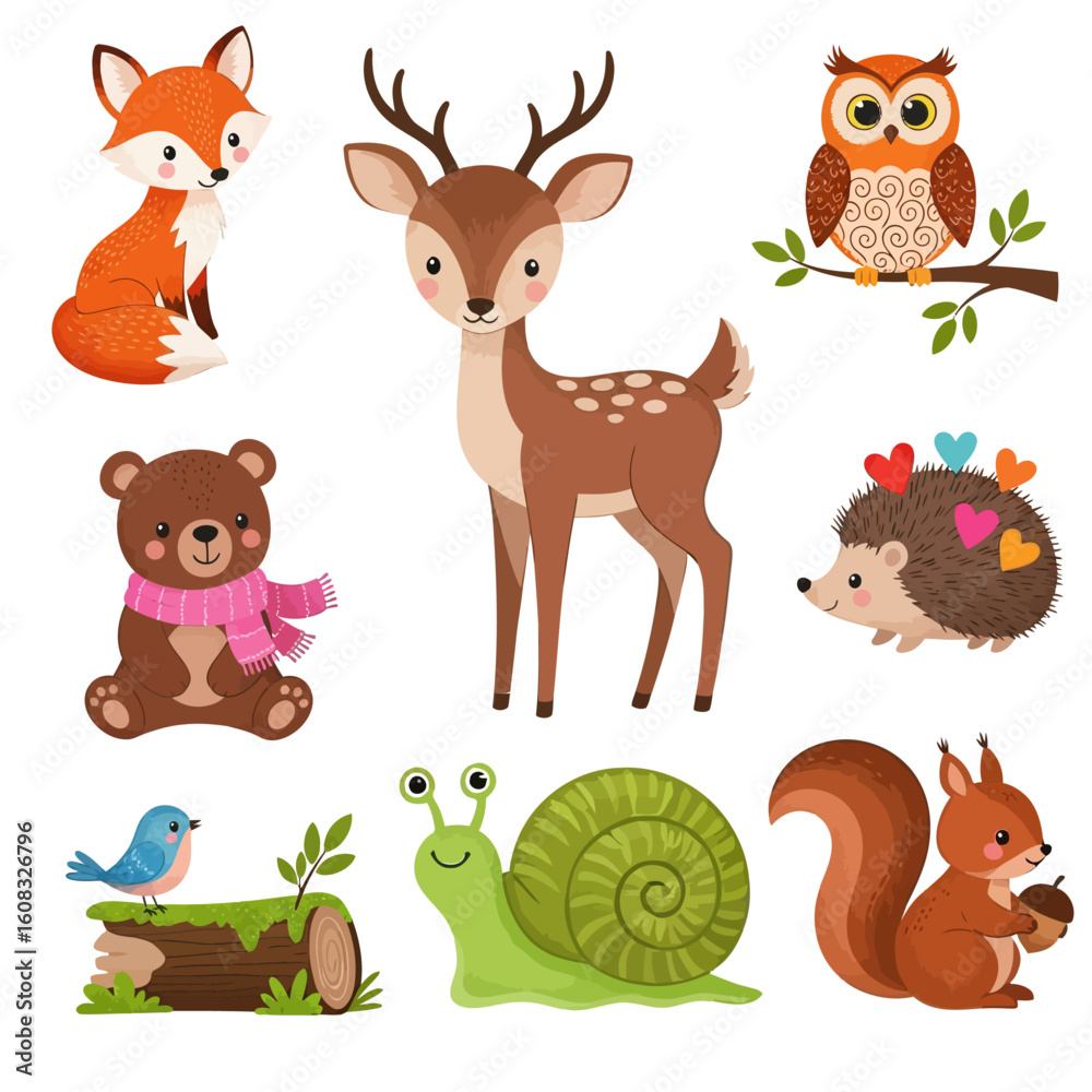 Obraz premium Cute Forest Animals and Nature Elements Set Vector illustration