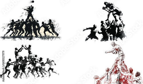Rugby players in a lineout action illustration eps