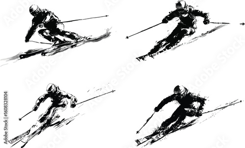 Skier illustration in black and white action eps