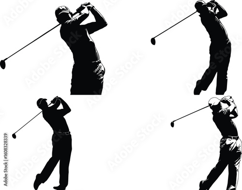 Golfers silhouettes show a powerful swing action eps