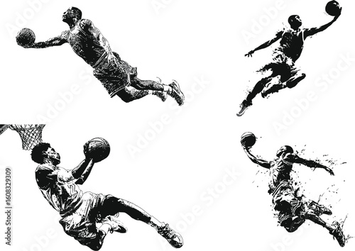 Basketball players in action, black and white art eps