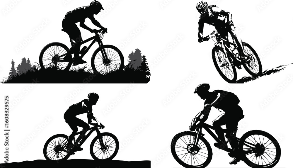 Fototapeta premium Mountain bikers silhouette riding on trails eps