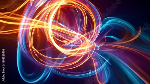 Vibrant abstract light trails intertwine in dynamic patterns against a dark background, evoking energy