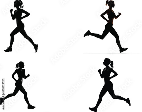 Running woman silhouettes in athletic poses eps