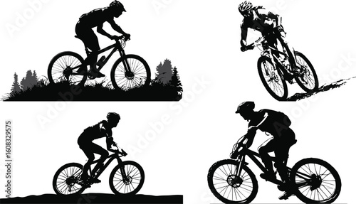 Mountain bikers silhouette riding on trails eps