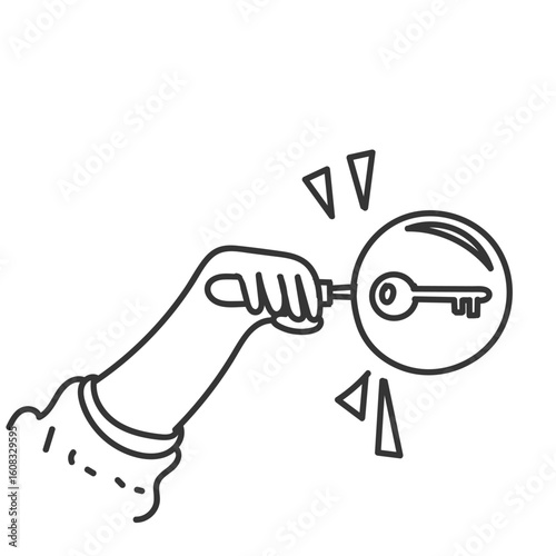 hand drawing doodle key inside magnifying glass icon