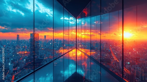 Panoramic city sunset view from modern glass skyscraper