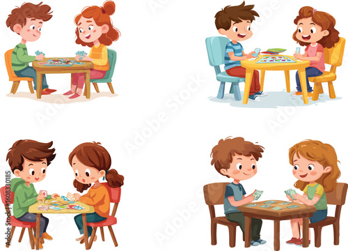 Cartoon kids playing card games at tables eps