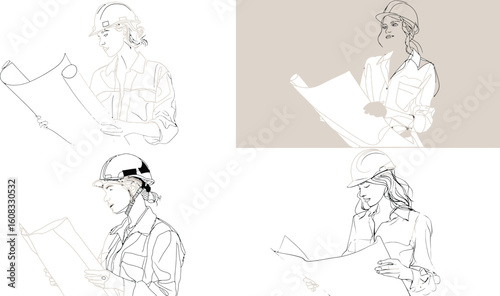 Architect woman reviews blueprints in line art eps