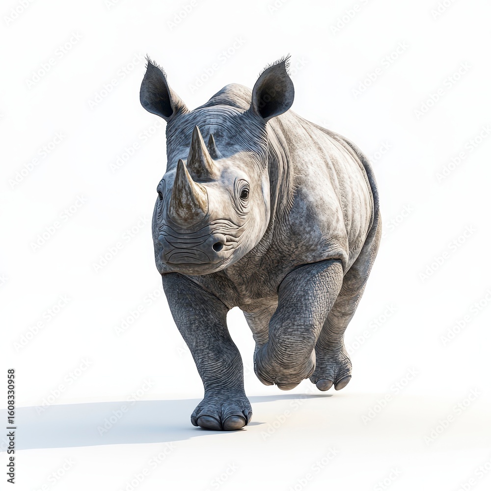 Obraz premium Realistic 3D Illustration of a Running Rhinoceros on White Background