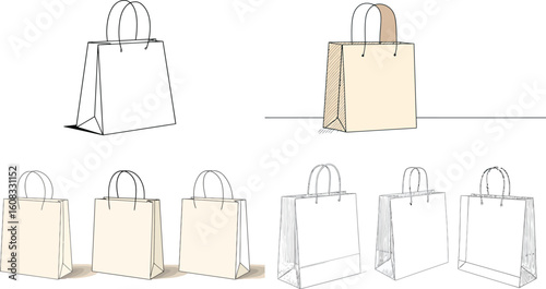 Paper shopping bags in a line art style eps
