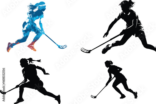 Floorball players silhouettes in action poses eps