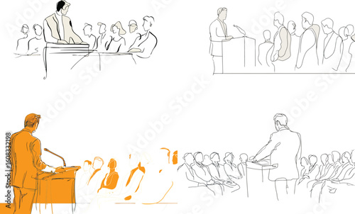 Speaker addresses audience in line art style eps