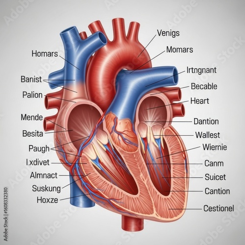 Detailed Anatomical Illustration of the Human Heart Showing All Chambers and Major Vessels