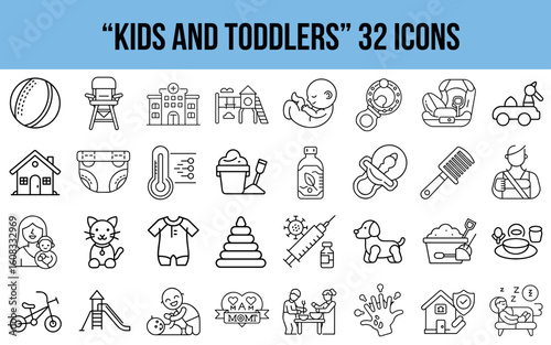 Icon set of kids and toddlers representing childhood activities  