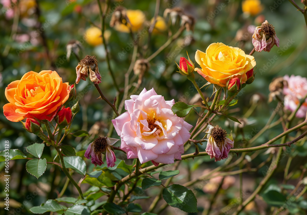 Obraz premium Colorful Roses and Dry Branches – Nature’s Contrast