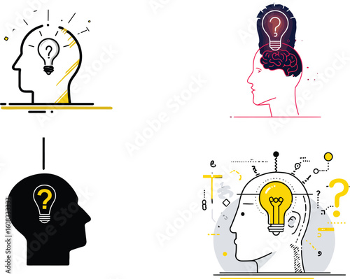 Head silhouette with light bulb, idea concept art eps