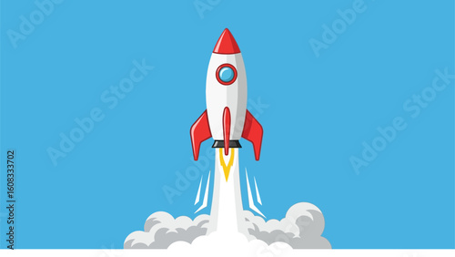 A flat design illustration of a space rocket launching upwards with exhaust smoke against a clear blue sky.