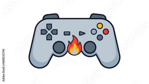 A stylized illustration of a modern gaming console controller with a central fire logo.