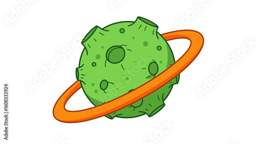 Cartoon illustration of a green planet with craters and an orange ring orbiting around it on a white background.