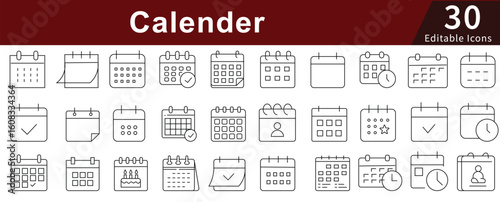 Calendar Line Icons Set with Editable Stroke for Date, Schedule, Planning, and Time Management