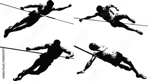 Pole vaulter athlete silhouette action poses eps
