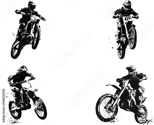 Motocross riders jump with bikes in black and white eps