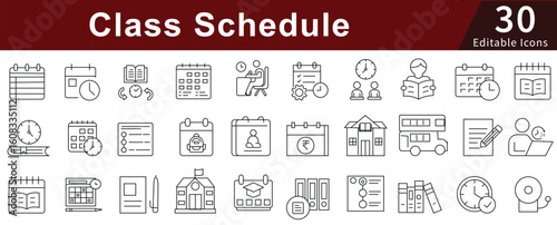 Class Schedule Line Icons Set with Editable Stroke for Education, Timetable, School, and Academic Planning