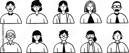 Diverse group of people avatars in simple line art style