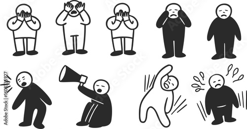 Eight figures showing distress and communication upset