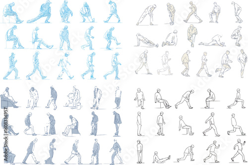 Man sketches show various poses and activities eps
