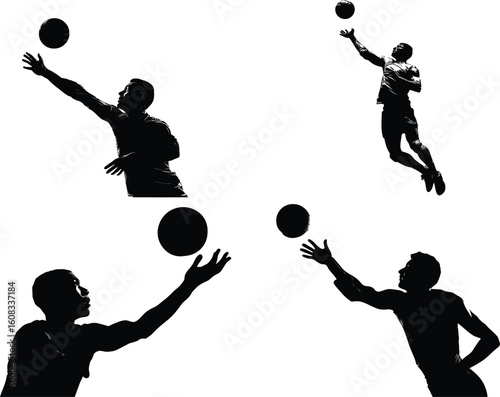 Volleyball players silhouettes reaching for the ball eps