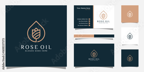 Luxury rose oil logo and business card template. logo can be used for icon, brand, identity, feminine, creative, gold, and business company
