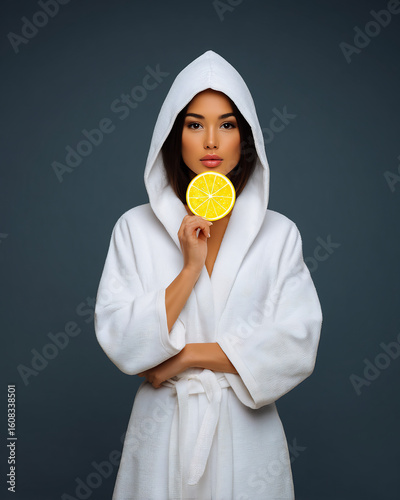 Spa girl in bathrobe holding lemon slices to face
